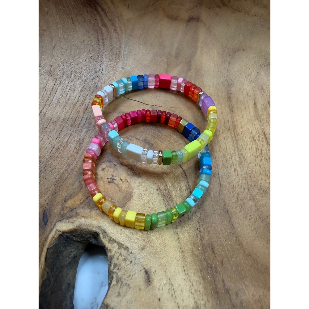 Rainbow Beaded Stretch Bracelet Set 2PC Multicolor Tile Acrylic Jewelry NWOT